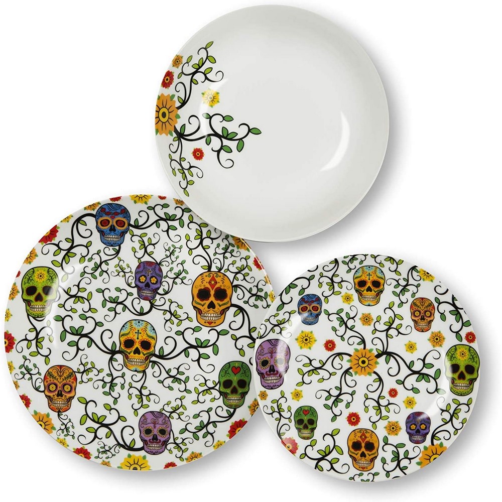 Servizio piatti e bicchieri Teschio Calavera porcellana decorata 24 pezzi Excelsa